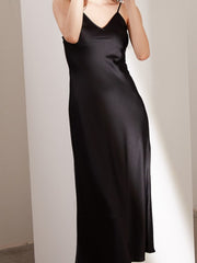 Luxury Spaghetti - Strap Pure Silk Evening Dress in black