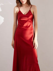 Luxury Spaghetti - Strap Pure Silk Evening Dress in red