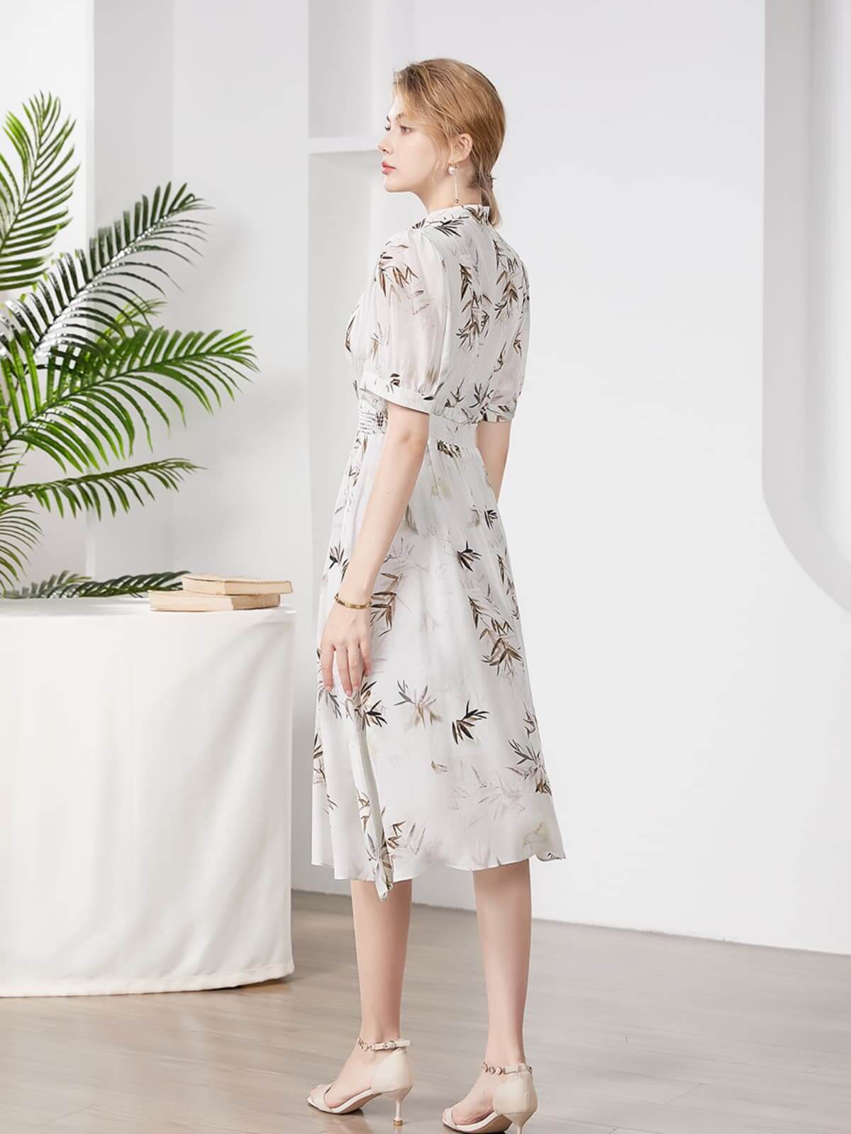 Side profile of Elegant Bamboo Pattern Mulberry Silk Dress