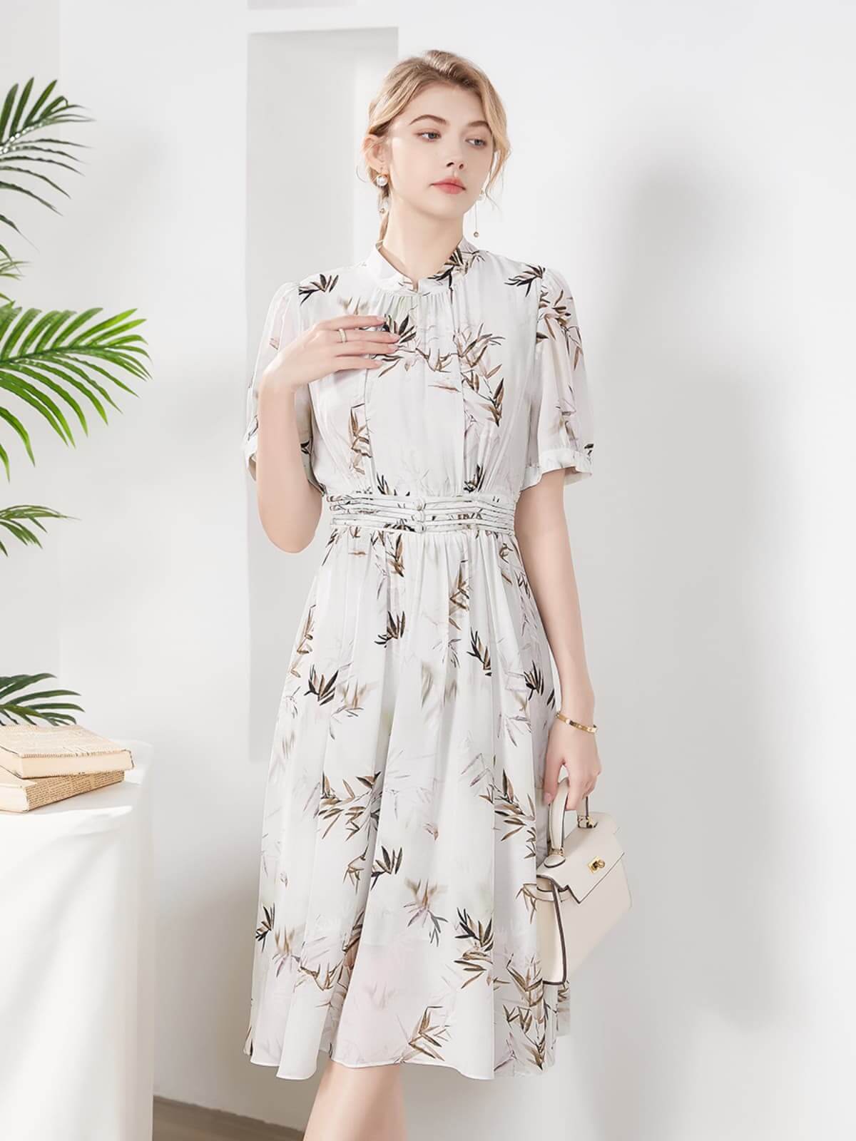 Front view of Elegant Bamboo Pattern Mulberry Silk Dress