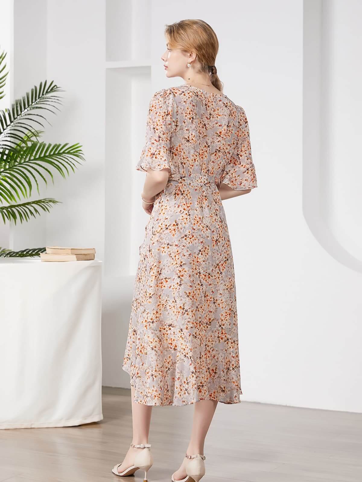 Back view of Floral Mulberry Silk Dress For Work, Party & Travel