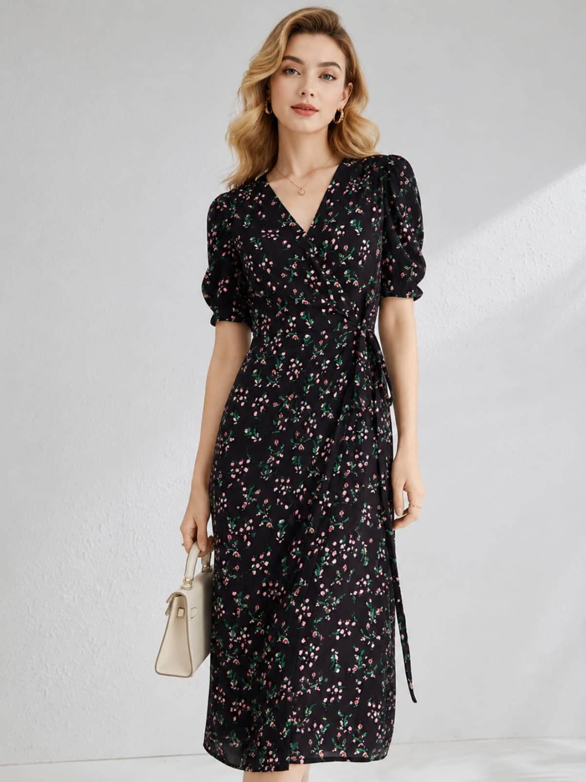 V-Neck Floral Mulberry Silk Maxi Dress front side SILKSER