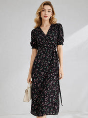 V-Neck Floral Mulberry Silk Maxi Dress front side SILKSER