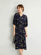 Navy Blue Floral Mulberry Silk Dress