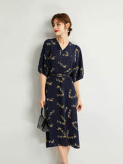 Navy Blue Floral Mulberry Silk Dress