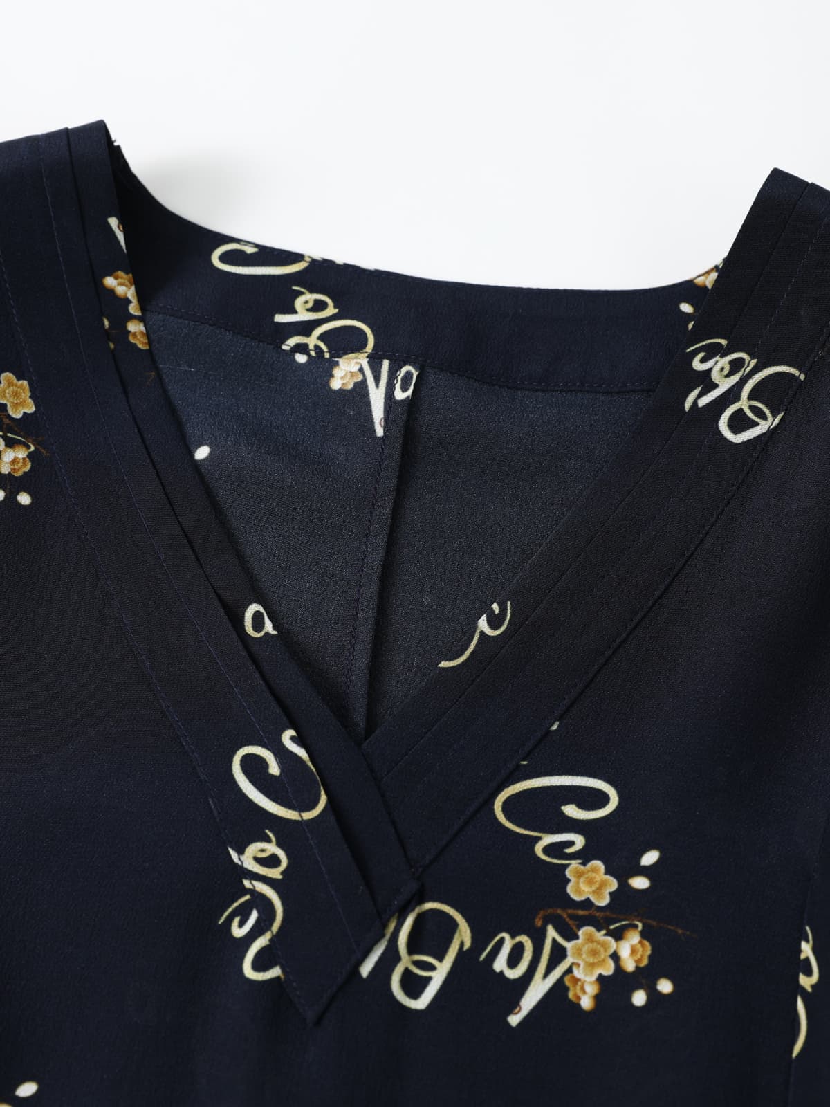 Neckline of Navy Blue Floral Mulberry Silk Dress