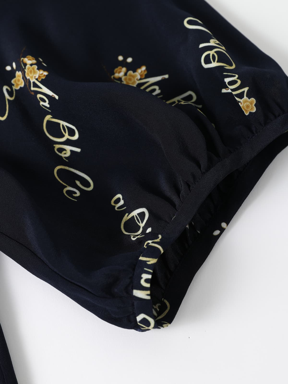 Cuff of Navy Blue Floral Mulberry Silk Dress