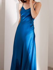 Luxury Spaghetti - Strap Pure Silk Evening Dress in blue