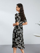 Back view of a model wearing the Chic Floral One - Piece Mulberry Silk Dress with floral design.