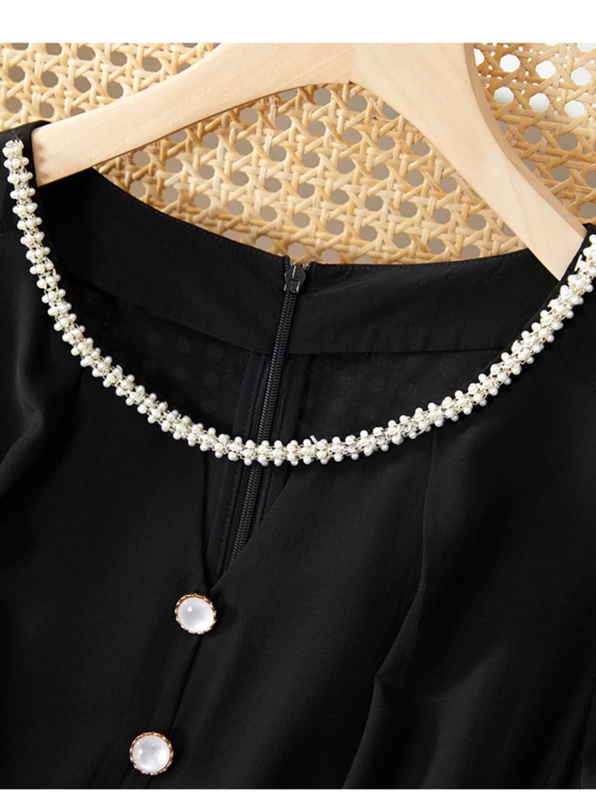 The collor details of 2025 Black Beaded Mulberry Silk Dress