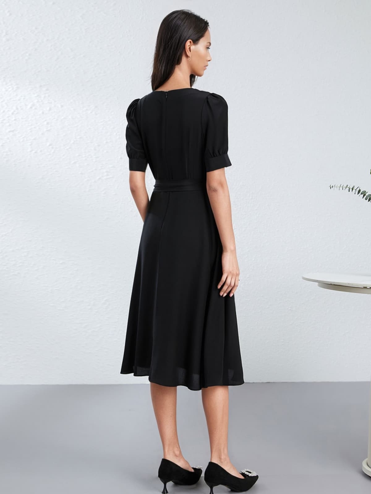 The back view of 2025 Black Beaded Mulberry Silk Dress