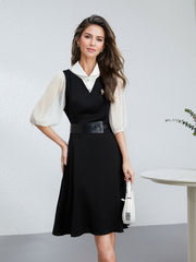 Model wearing 2025 Boutique Paneled Mulberry Silk Dress in office