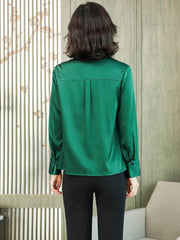 Solid - Color Polo - Neck Silk Blouse-in-green-back-SILKSER