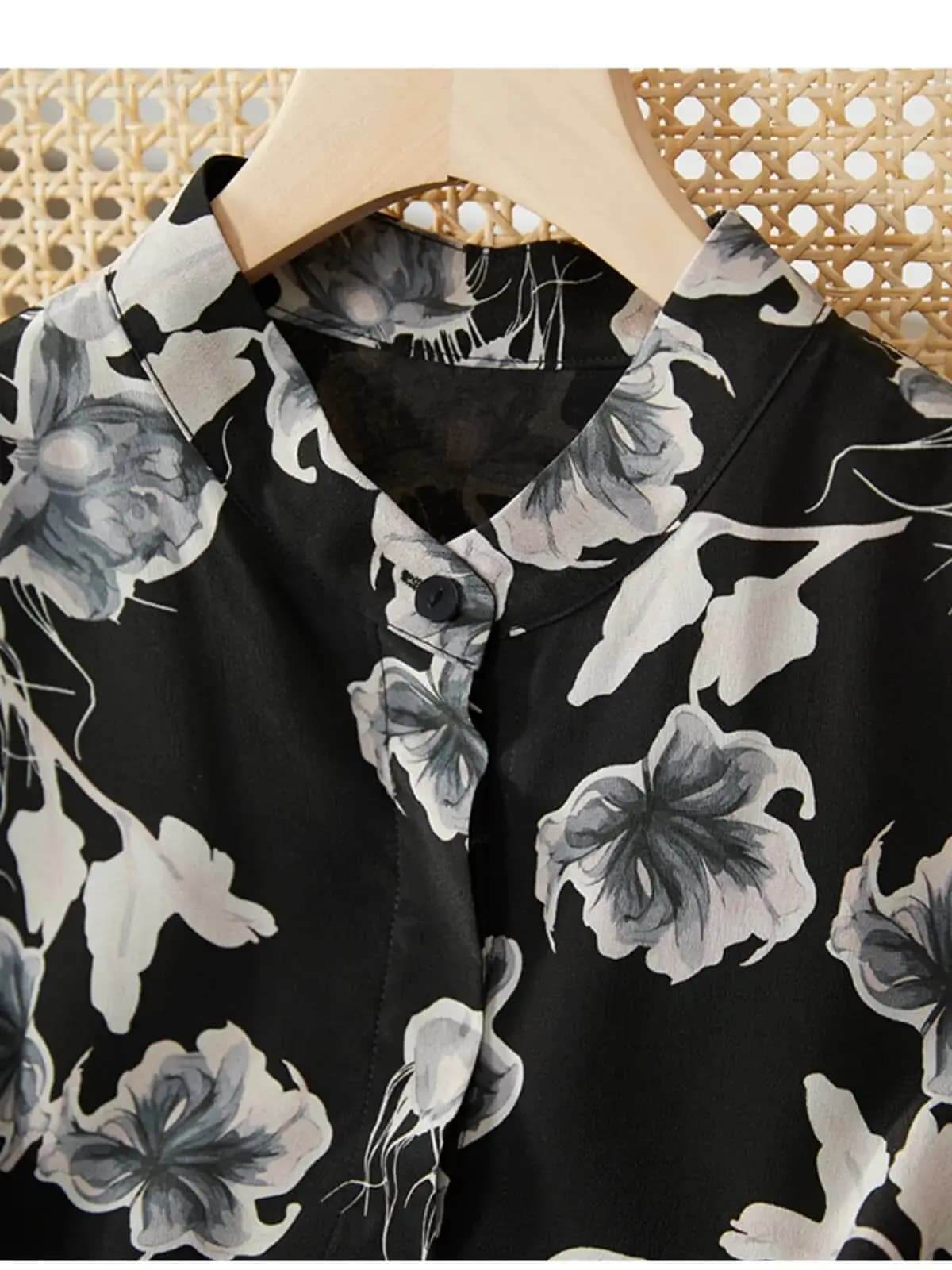 Collar details of 100% Mulberry Silk A-Line Dress - Black Midi Slim Fit