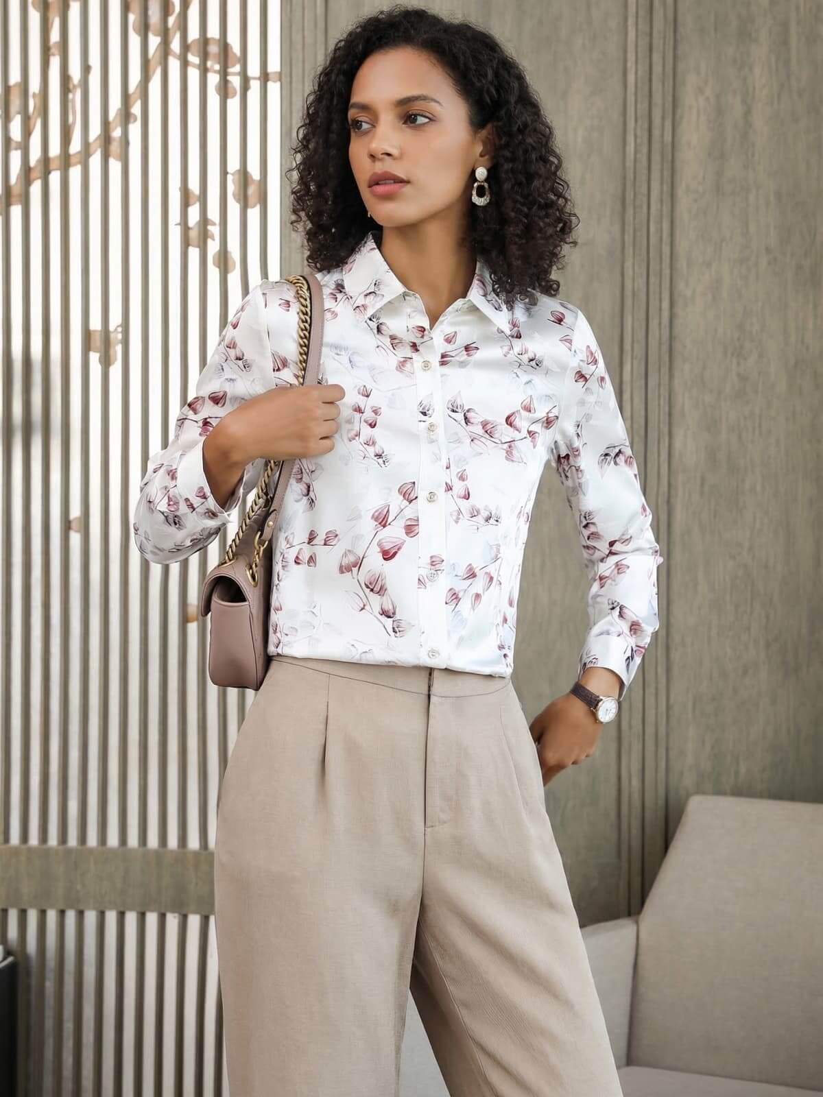 Delicate Print Silk Blouse-in white floral-front-SILKSER