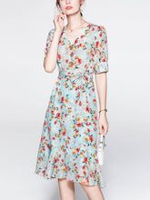 V - neck Floral Mulberry Silk Dress