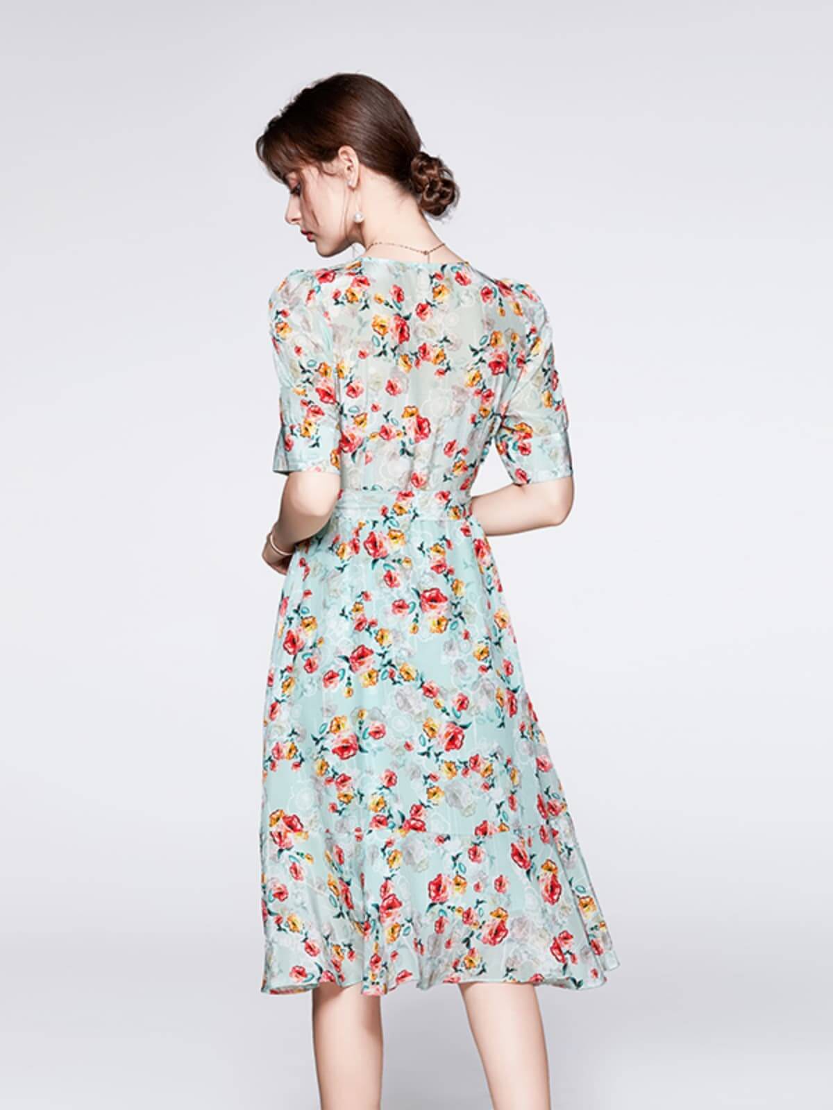 V - neck Floral Mulberry Silk Dress