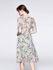 V - neck Floral Mulberry Silk Dress
