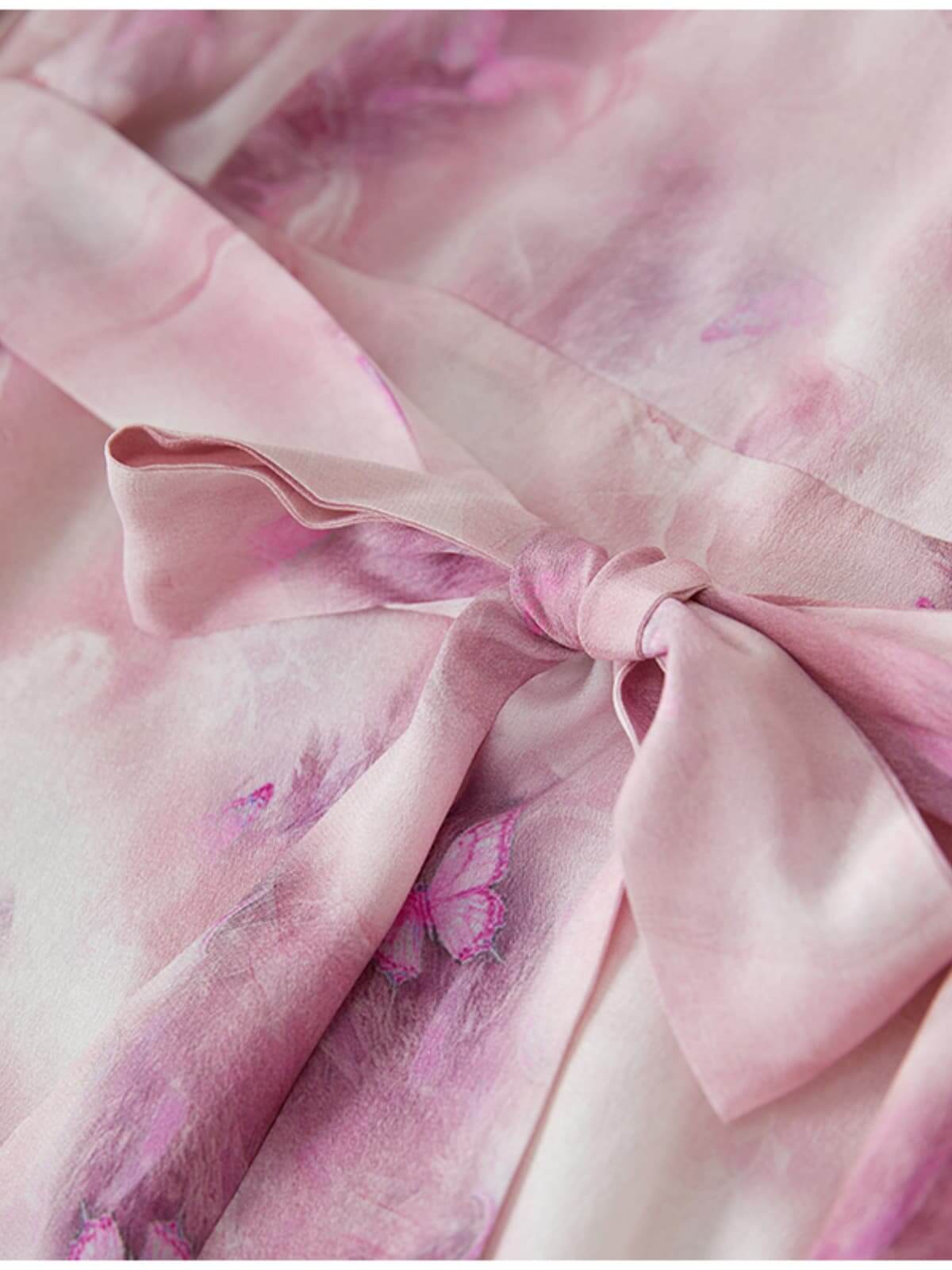 The waistline of 2025 Pink Floral Mulberry Silk Dress