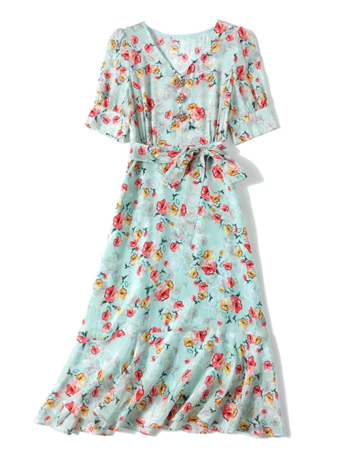 V - neck Floral Mulberry Silk Dress