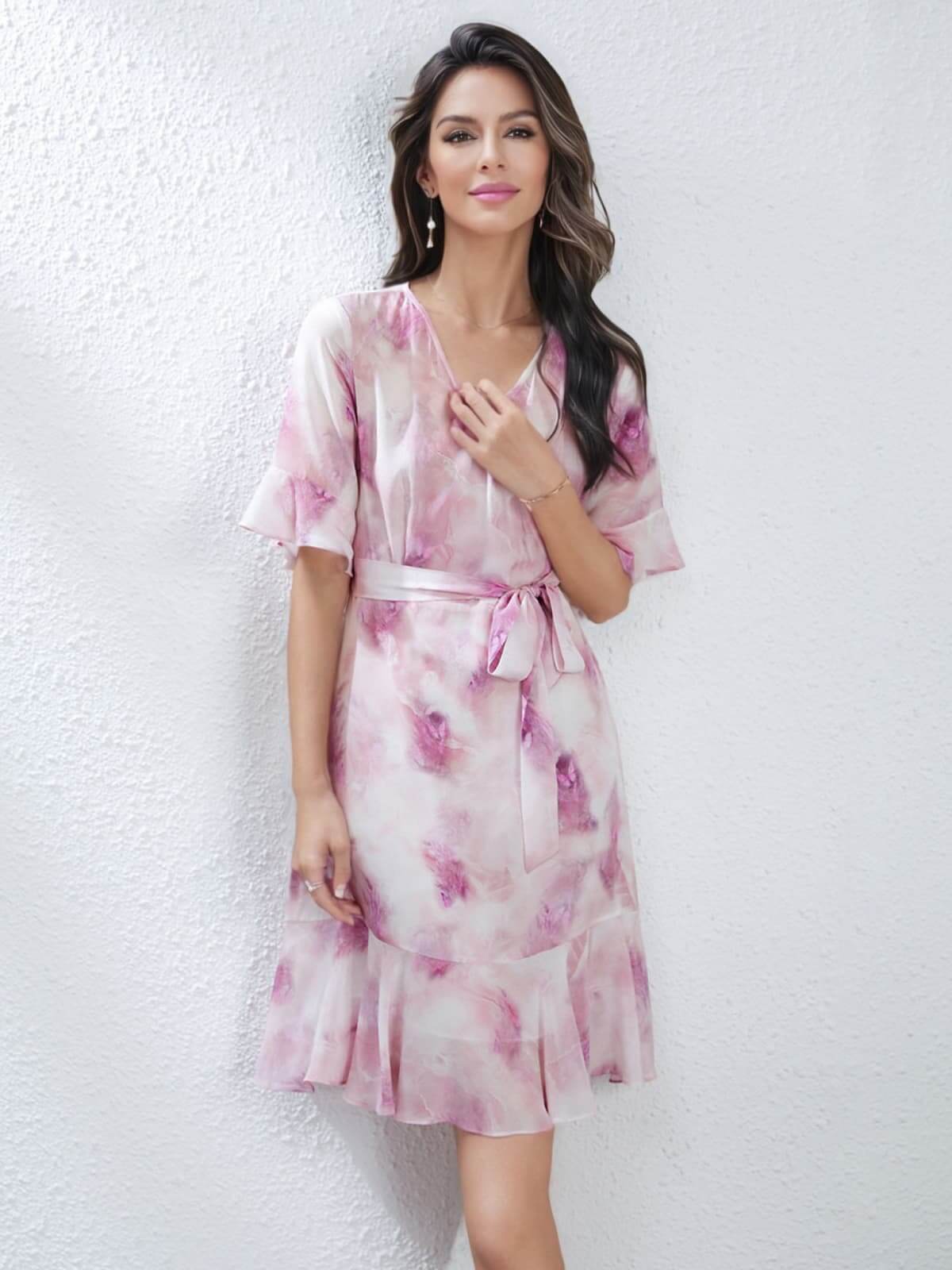 Model wearing 2025 Pink Floral Mulberry Silk Dress in our office