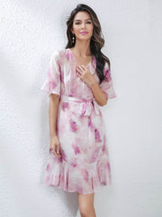 Model wearing 2025 Pink Floral Mulberry Silk Dress in our office