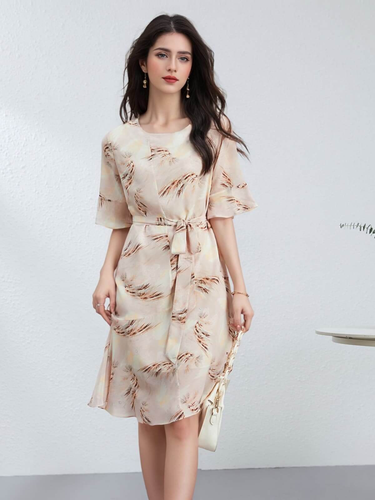 Summer Petite Mulberry Silk Dress featuring a floral pattern and waist tie, perfect for warm weather occasions.