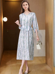 French V-Neck Floral Mulberry Silk Dress