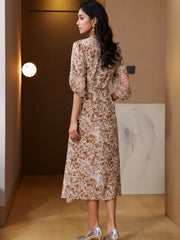 Chic Brown Floral Silk Midi Dress