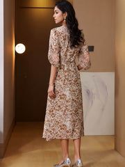 Chic Brown Floral Silk Midi Dress