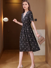 Black Floral Mulberry Silk Midi Dress