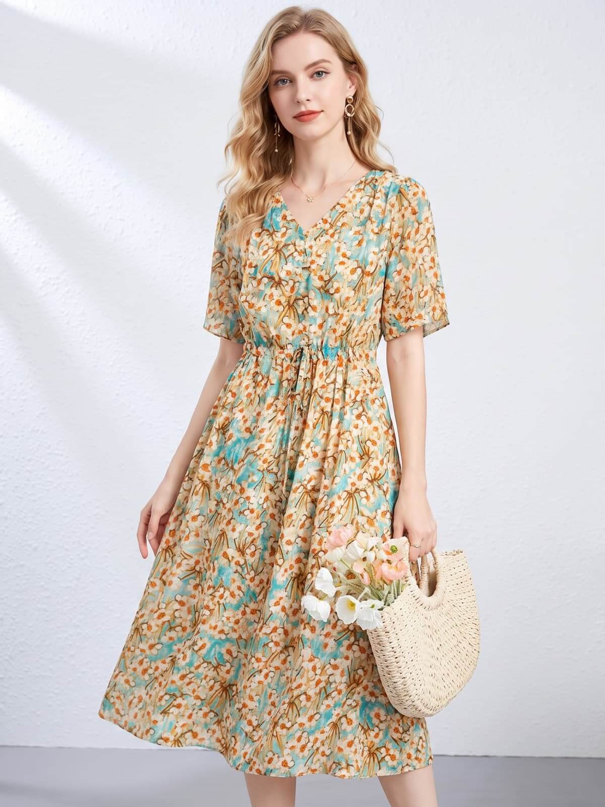 Luna Floral Mulberry Silk Midi Dress front side SILKSER