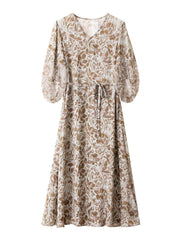 Chic Brown Floral Silk Midi Dress