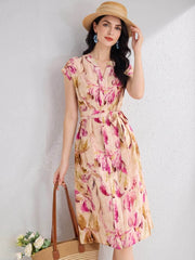Lavender V-Neck Floral Mulberry Silk Midi Dress front side SILKSER