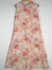 Floral Mulberry Silk Midi Dress featuring a pink and beige watercolor design on a sleeveless silhouette.
