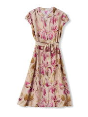 Lavender V-Neck Floral Mulberry Silk Midi Dress SILKSER
