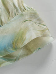 Close-up of the soft fabric of a Resort Style Mulberry Silk Dress in a colorful floral pattern.