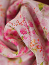 Elegant Floral Maxi Mulberry Silk Dress fabric featuring delicate pink floral patterns on soft silk.