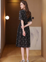 Black Floral Mulberry Silk Midi Dress