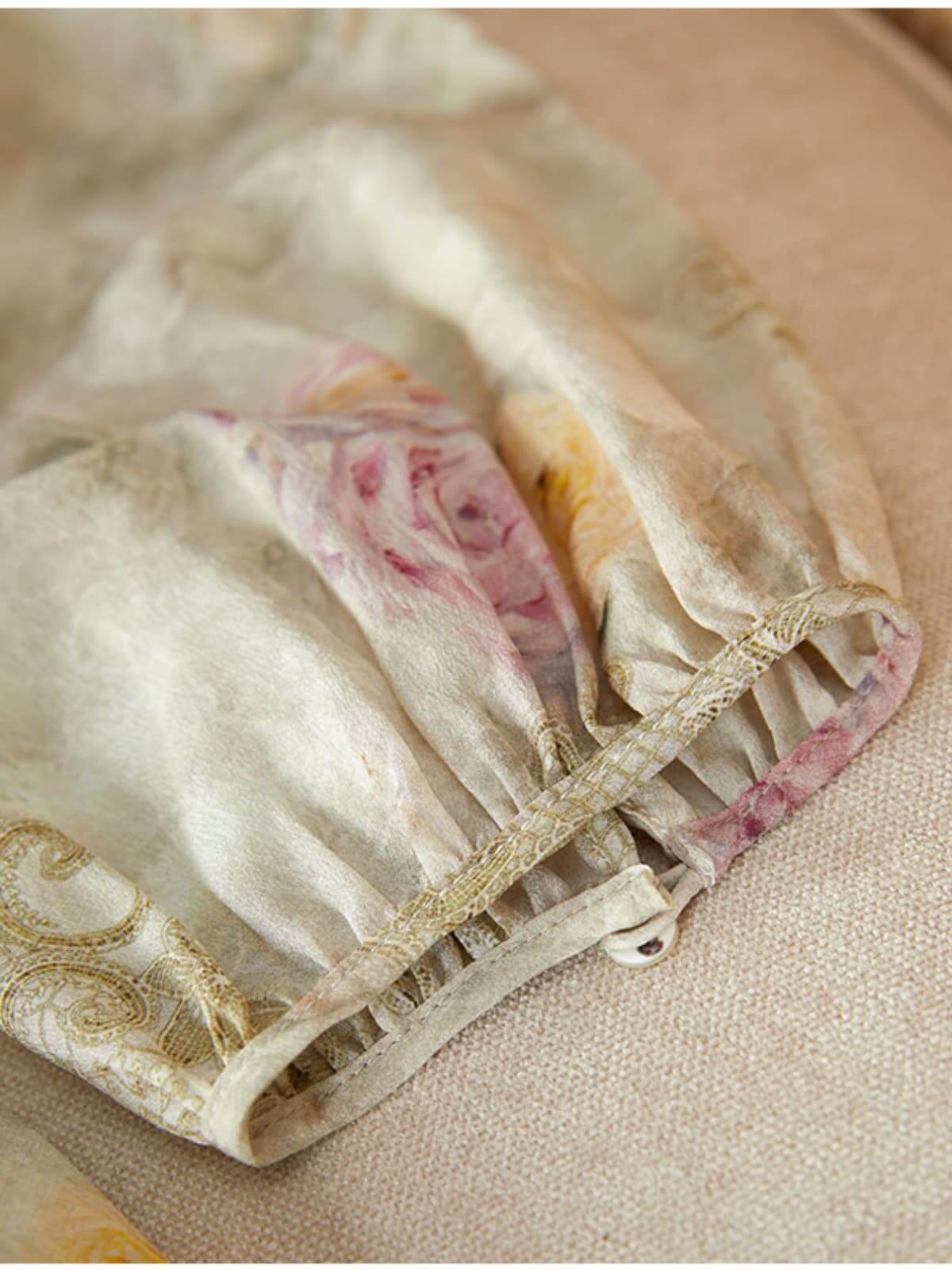 The sleeve details of Elegant Mulberry Silk Dress - Ruched Waist