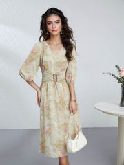 Elegant Mulberry Silk Dress with ruched waist and floral pattern, perfect for any occasion.