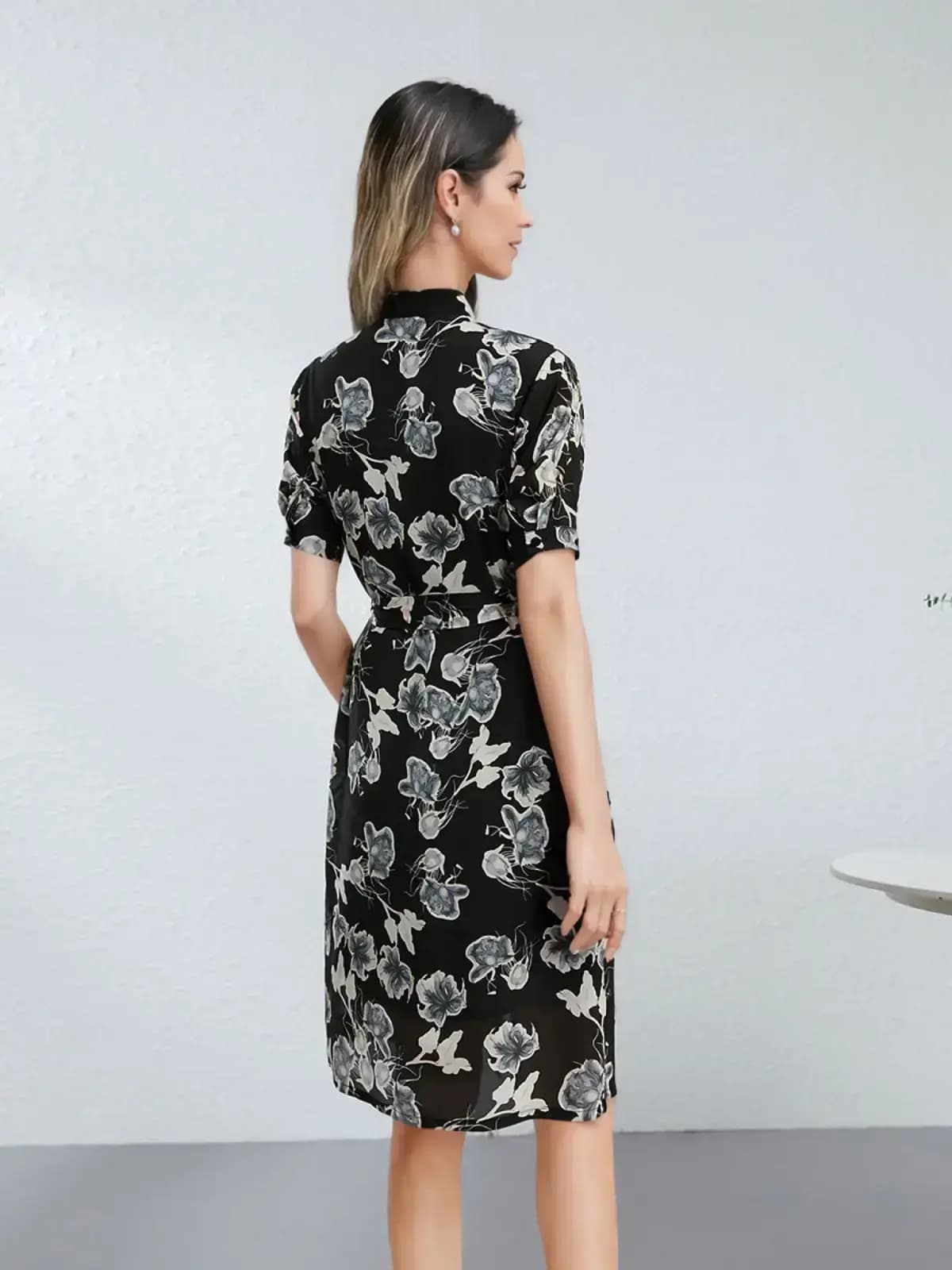 Back view of 100% Mulberry Silk A-Line Dress - Black Midi Slim Fit