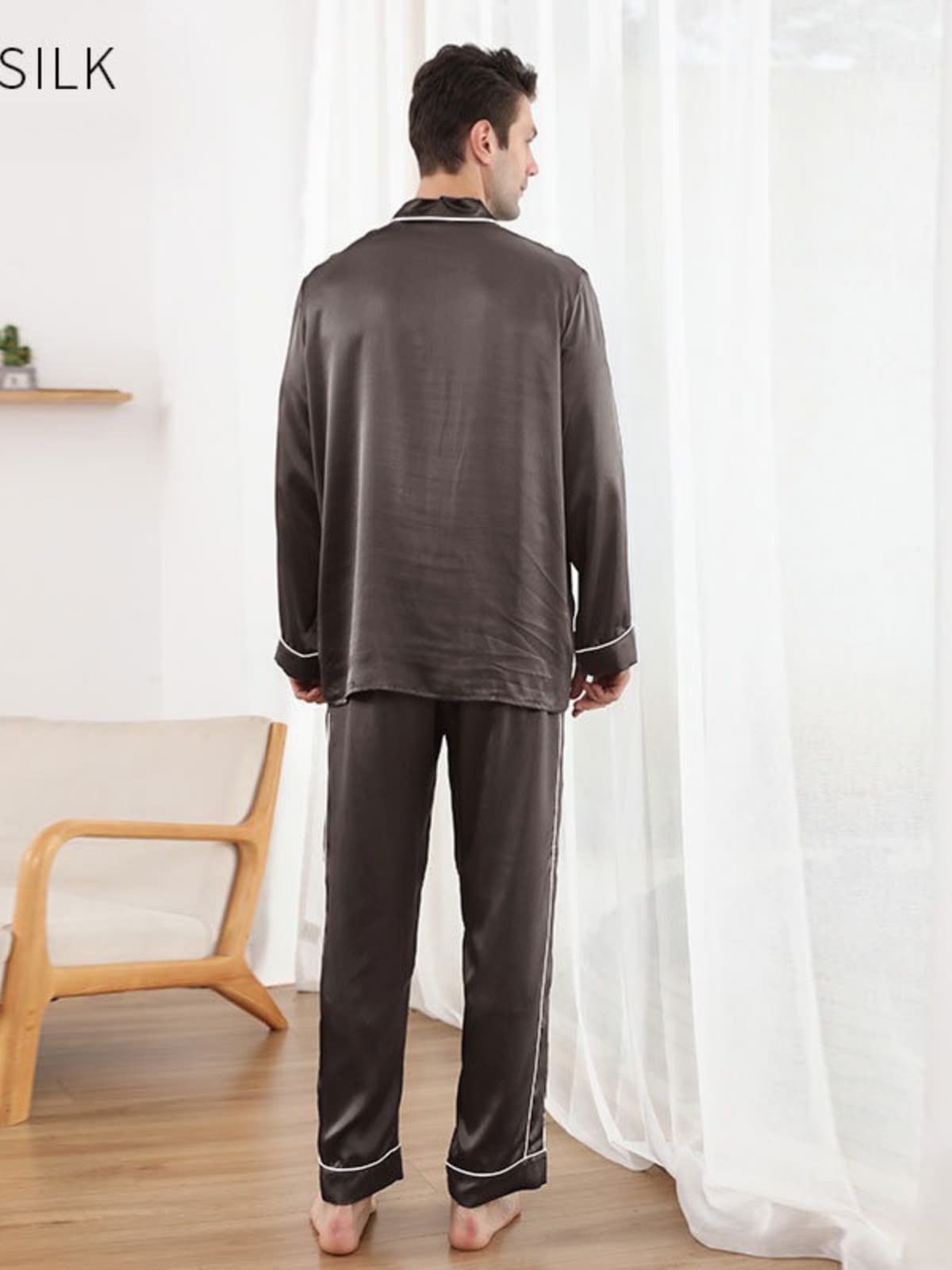 Back view of Men's Silk Pajama Set Luxury 22 MM in brown color