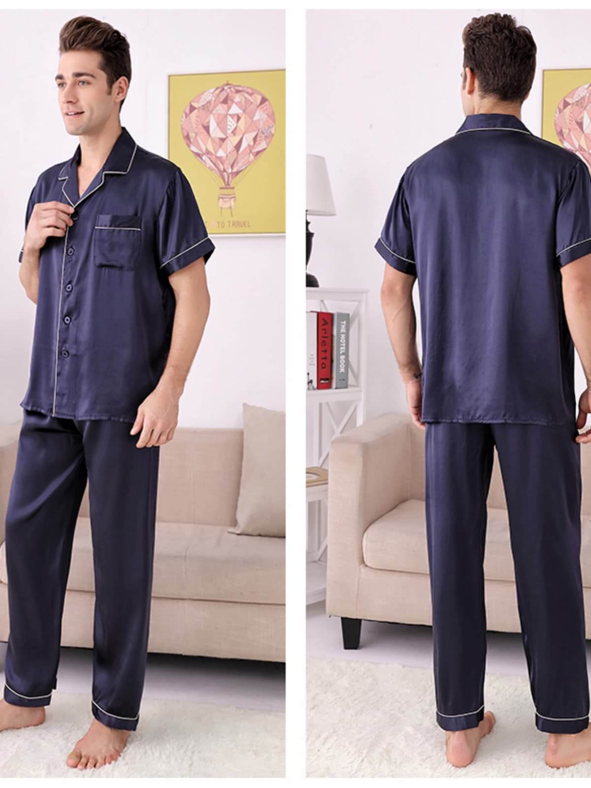 Men's Lounge - Cozy Silk Pajama Set in navy blue