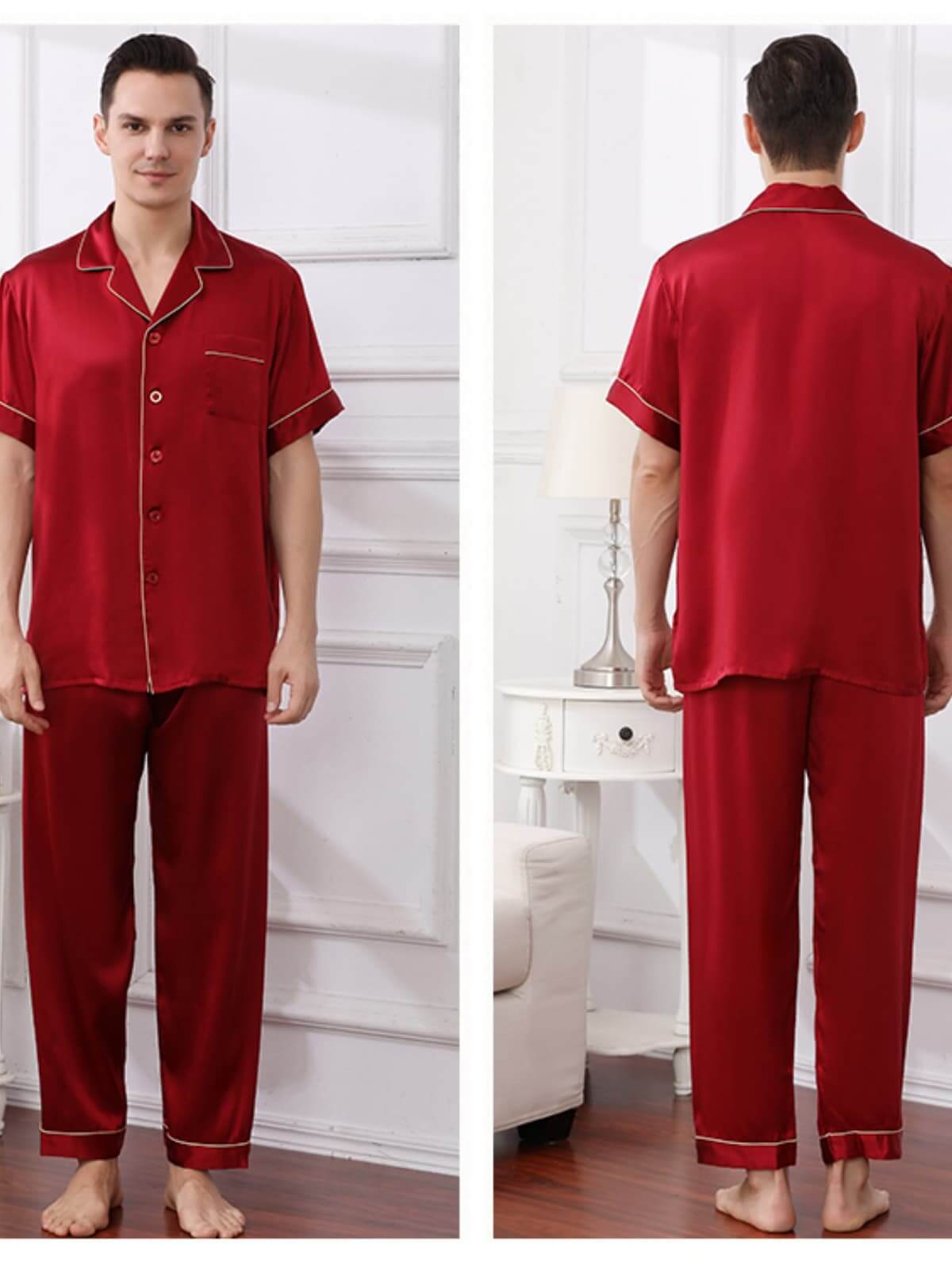 Men's Lounge - Cozy Silk Pajama Set in red