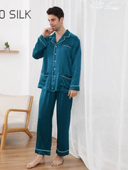 Model wearing Long Sleeve Men's Silk Pajama Set 22mm Luxury at home