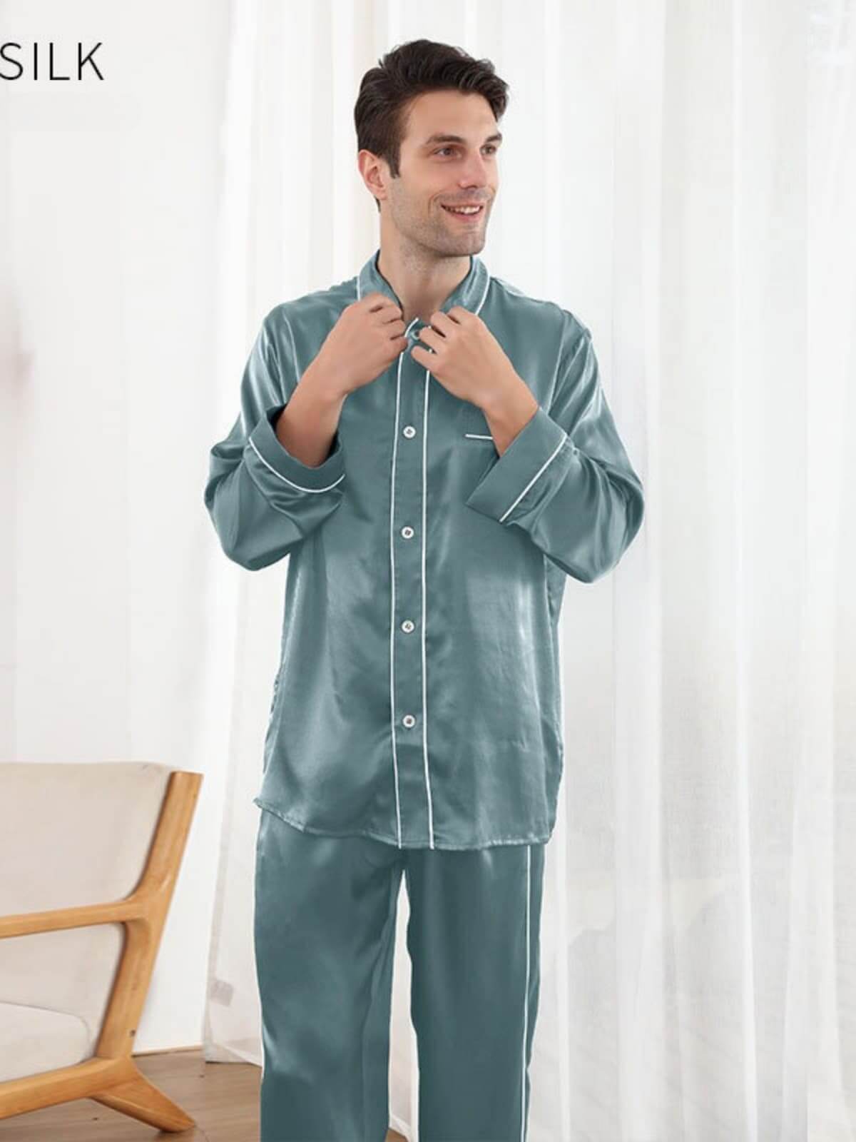 Men's Silk Pajama Set Luxury 22 MM in green color