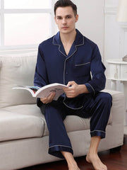 Men's Cozy Long - Sleeved Silk Pajama Set in navy blue