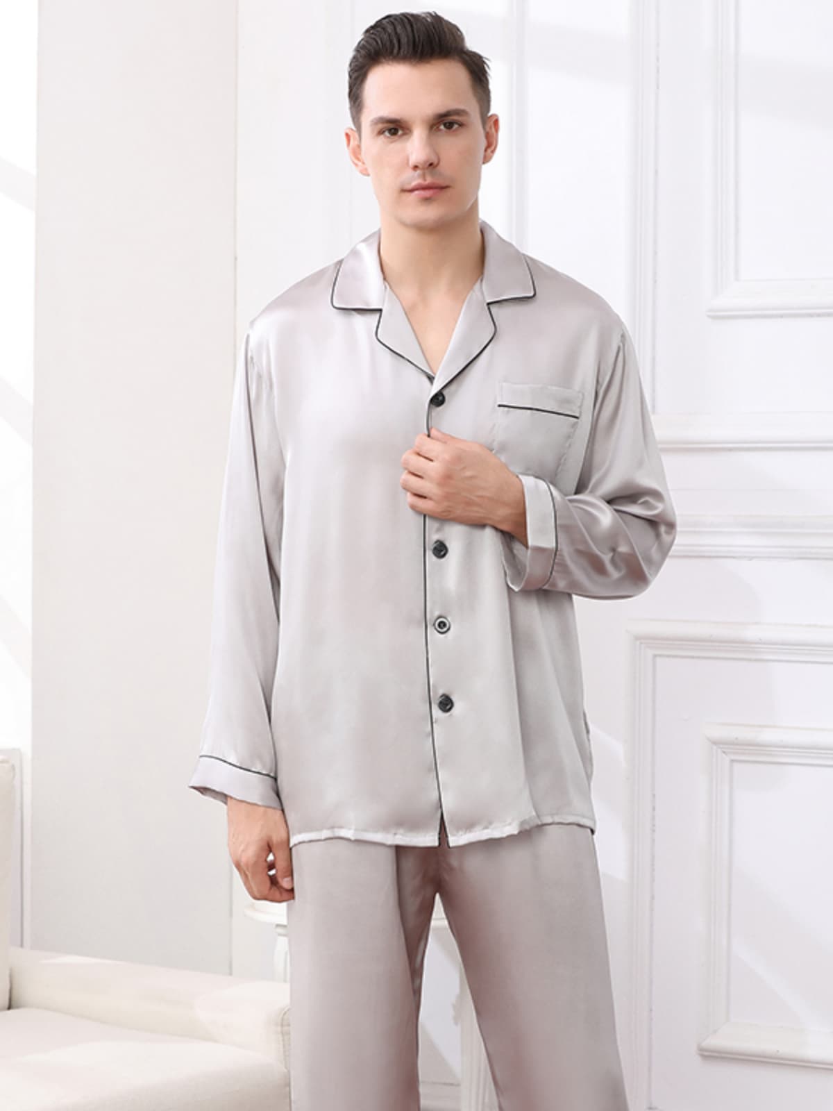 Men's Nighttime - Cozy Soft Long - Sleeved Silk Pajama Set