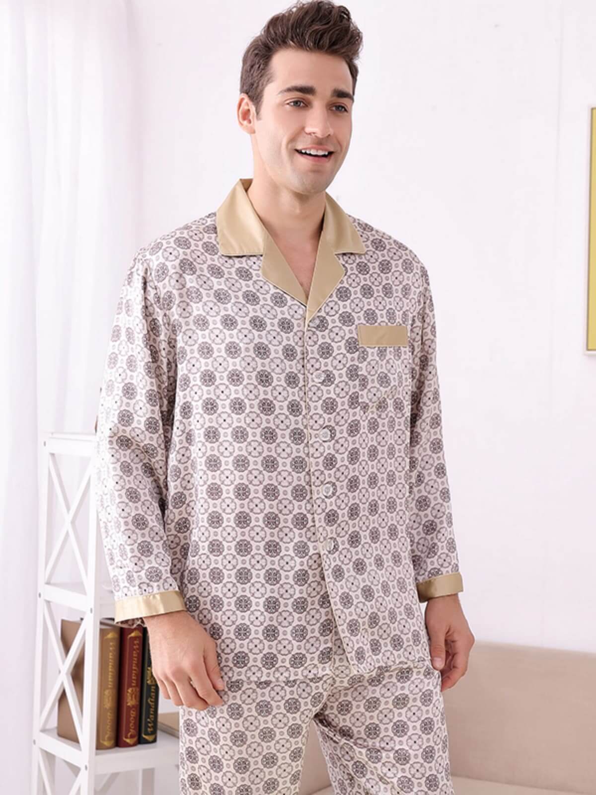 front view of men's breathable long - sleeved silk pajama set